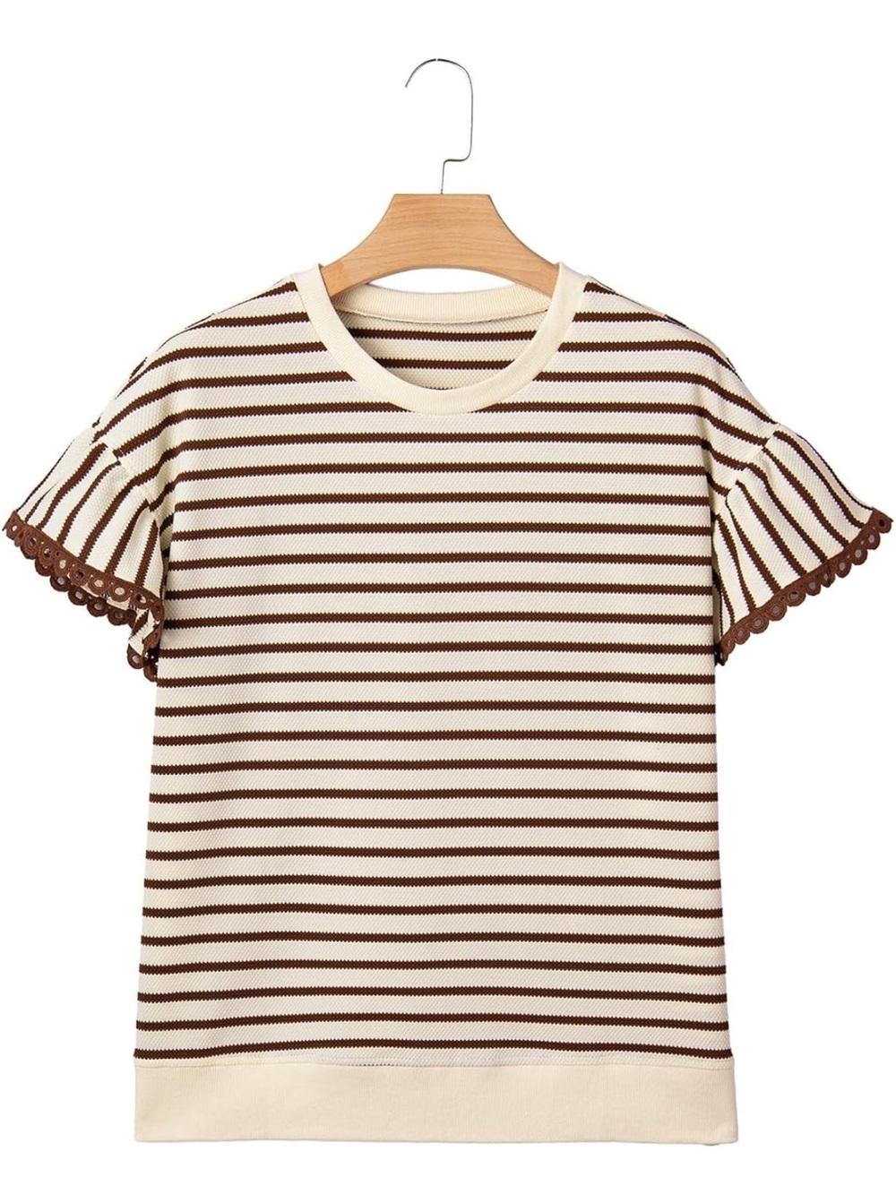 Striped Cream and Brown Short Sleeve Knit Top with ruffle sleeves